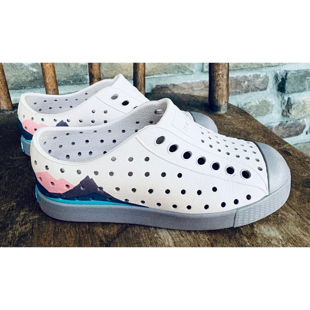 Native Jefferson Slip-On Sneakers in White with Pink and Teal Accents